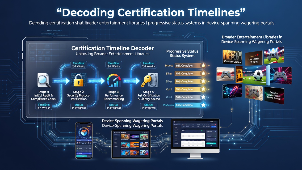 Certification process diagram showing timelines for game library access and VIP status progression across mobile and desktop wagering platforms