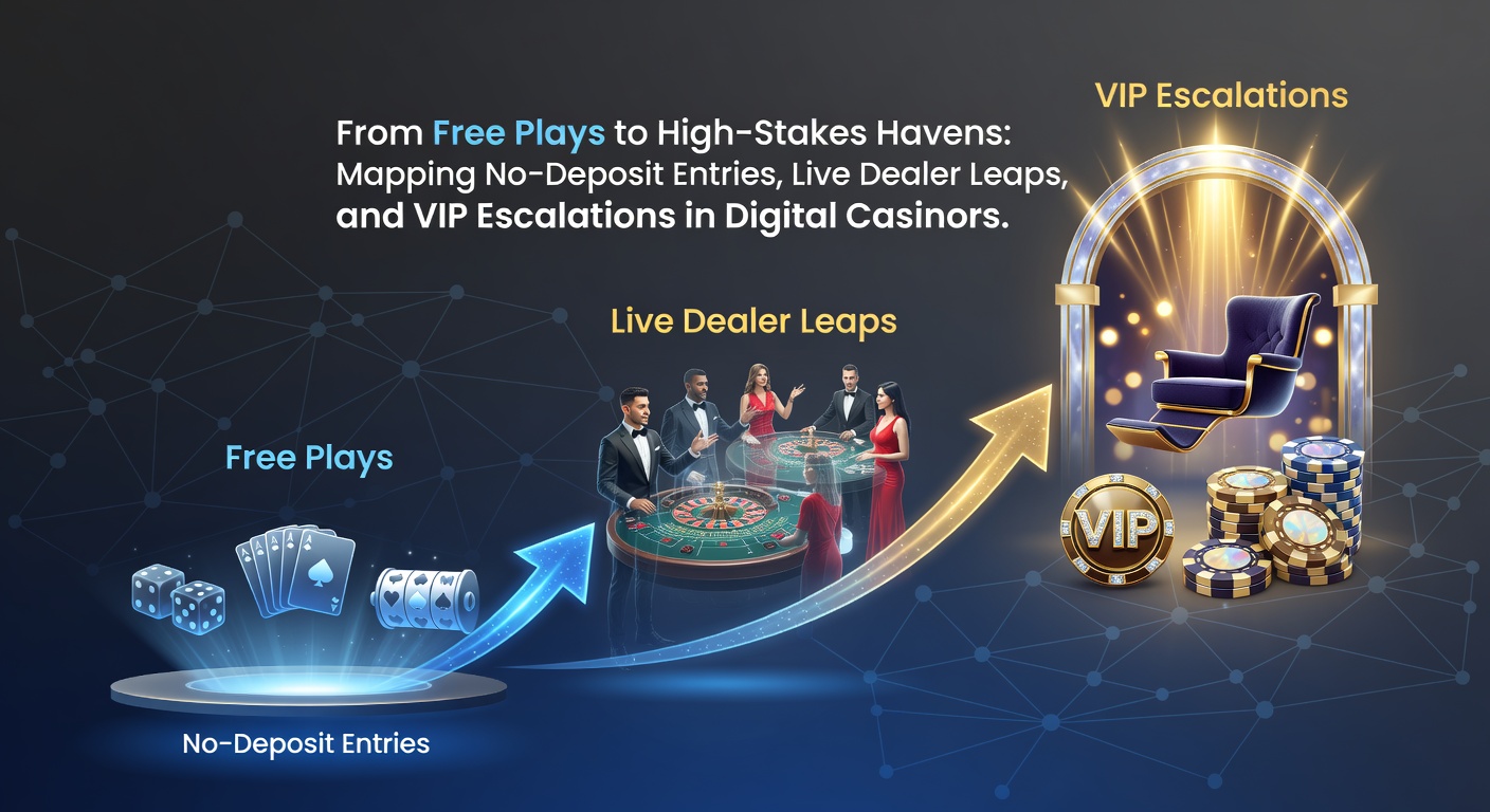 Digital casino interface showing free play options transitioning to live dealer tables and VIP lounges