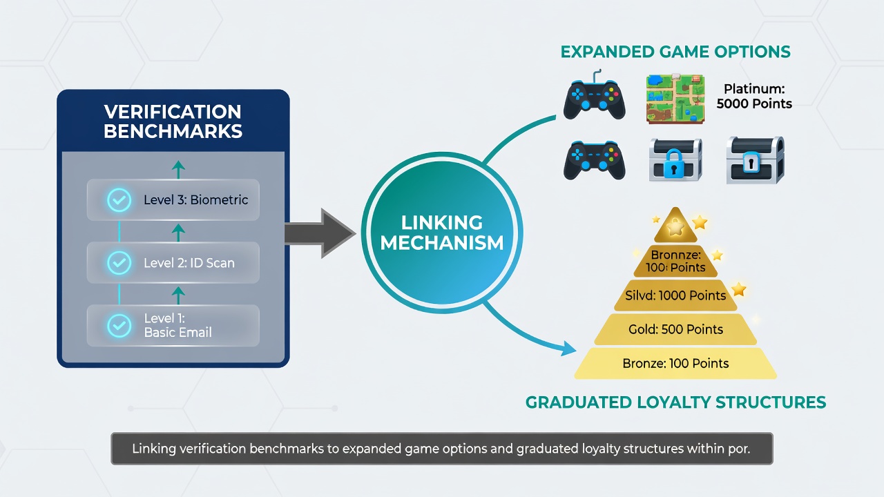 Dashboard view of graduated loyalty tiers with verification badges and mobile game access indicators