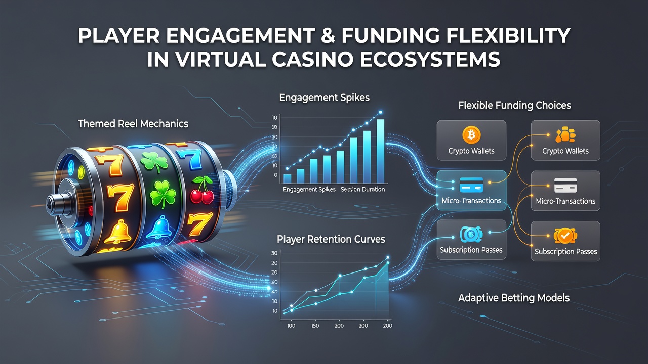 Virtual casino interface showing themed reel mechanics with player engagement metrics overlay
