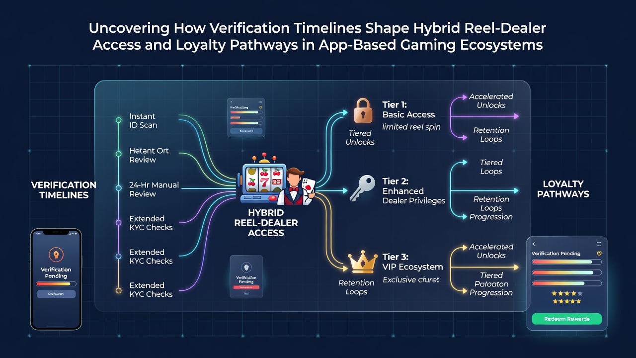 App-based gaming interface showing hybrid reel and live dealer options with verification progress indicators